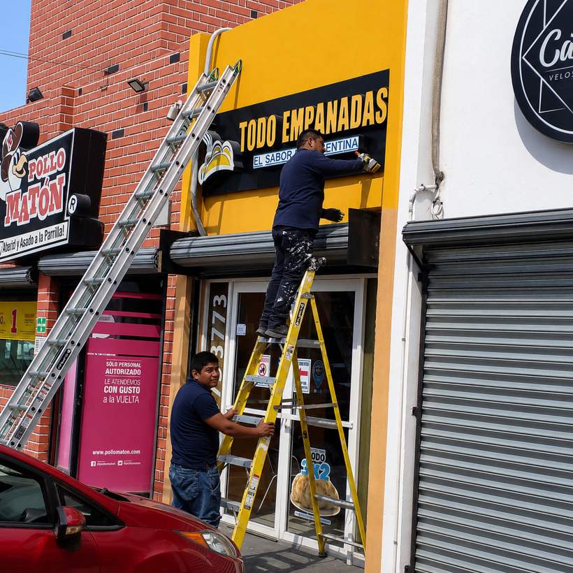 Equipo Brillomatic trabajando en fachada de local comercial
